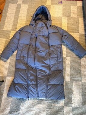 Long Maternity Parka Hooded Coat in Slate Blue with removable panel/baby hood
